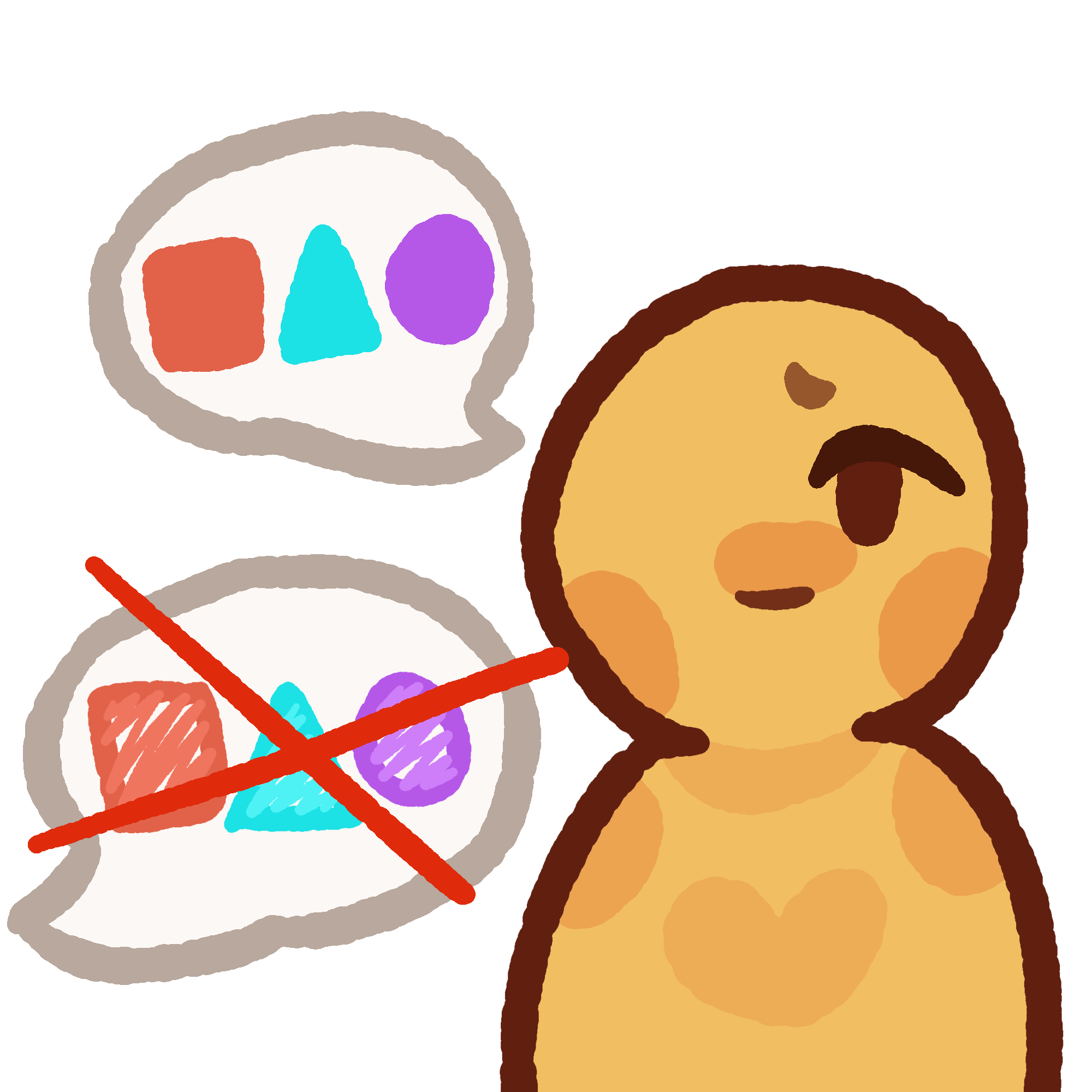 A simple yellow person with a speech bubble coming from their head. A red square, teal triangle, and a purple circle or in the bubble. Below the original speech bubble is another one with the same shapes and colors but scribbled in with a lighter shade than the original, with a red x crossing out the bubble.